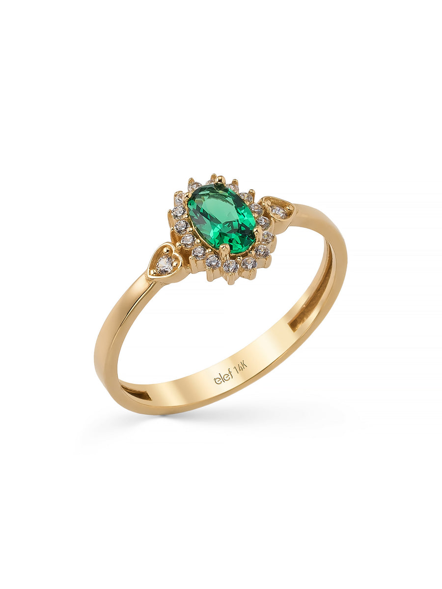 Oval Emerald Green Stone Vintage Ring in 14K Gold