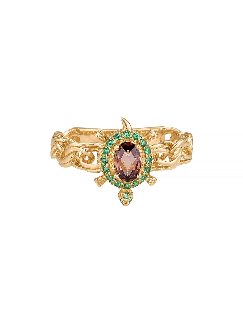 Oval Garnet & Emerald Green Stone Braided Form Vintage Ring in 14K Gold