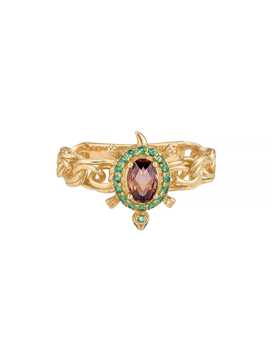Oval Garnet & Emerald Green Stone Braided Form Vintage Ring in 14K Gold