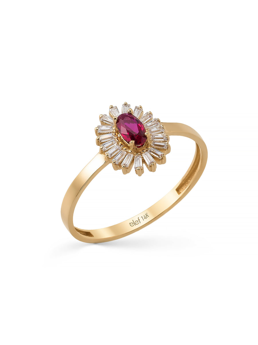 Oval Ruby-Inspired Stone Baguette Sparkling Ring in 14K Gold