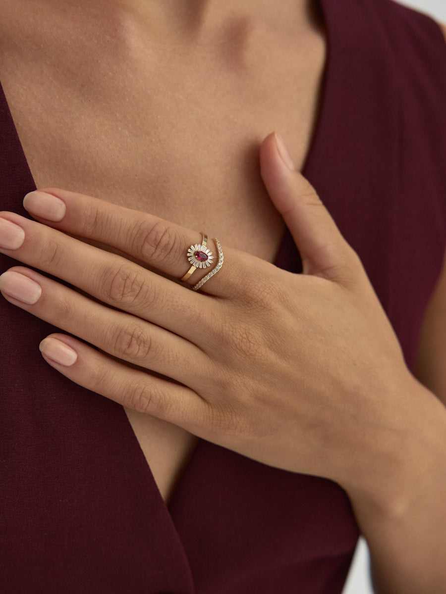 Oval Ruby-Inspired Stone Baguette Sparkling Ring in 14K Gold