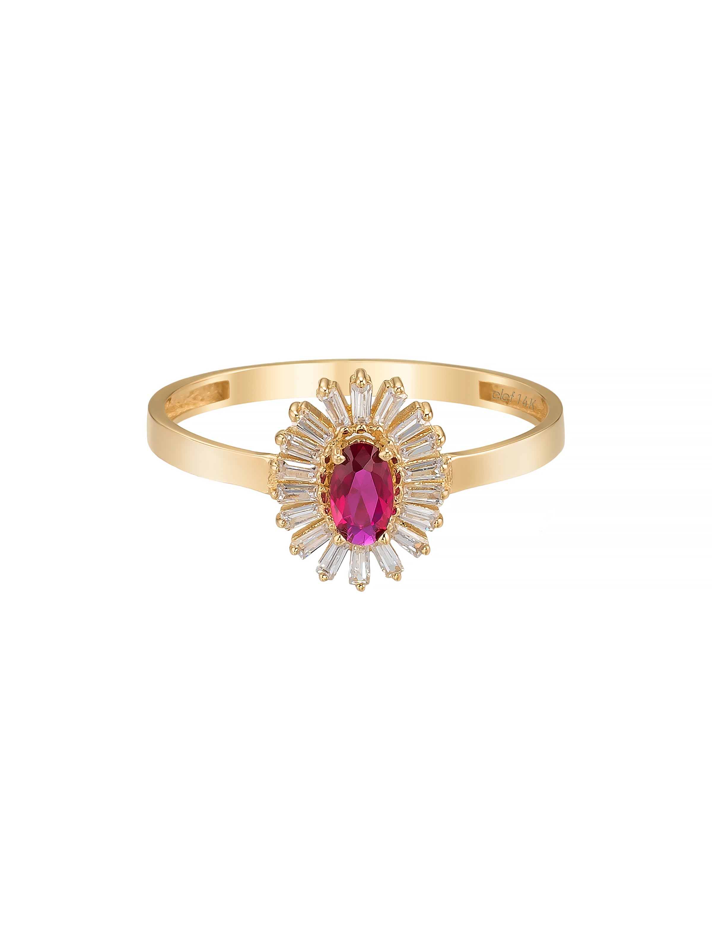 Oval Ruby-Inspired Stone Baguette Sparkling Ring in 14K Gold