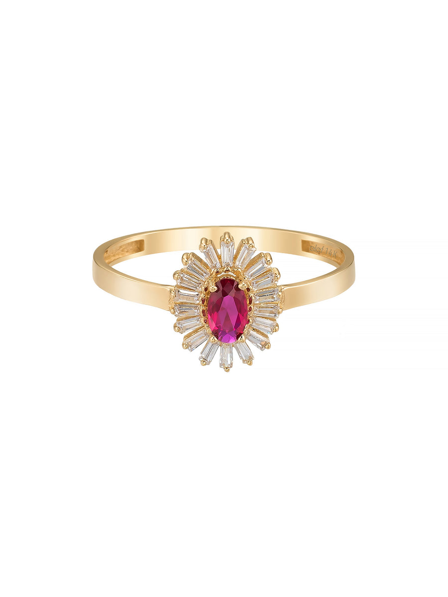 Oval Ruby-Inspired Stone Baguette Sparkling Ring in 14K Gold