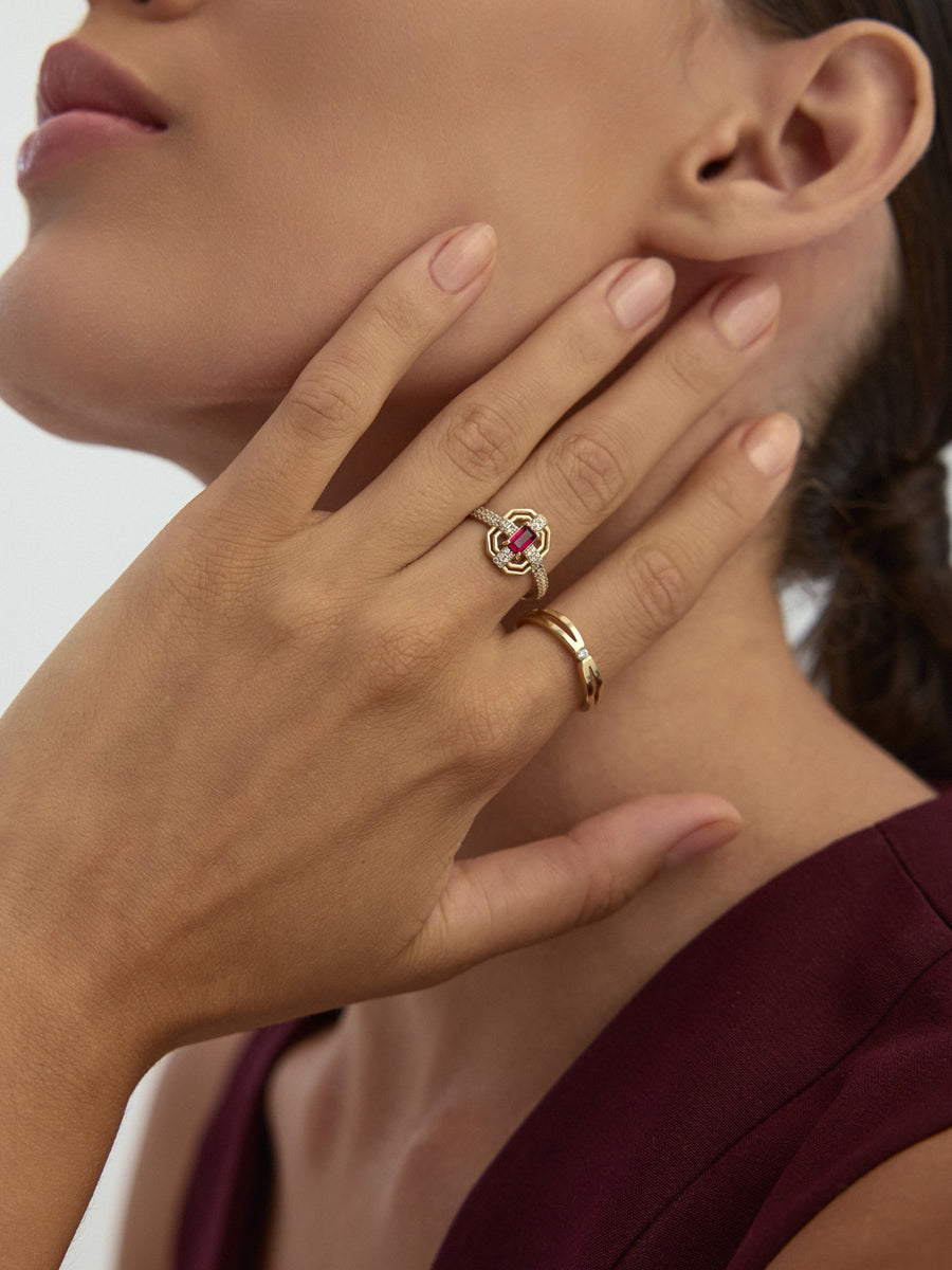 Art Deco Ruby-Inspired Stone Geometric Ring in 14K Gold
