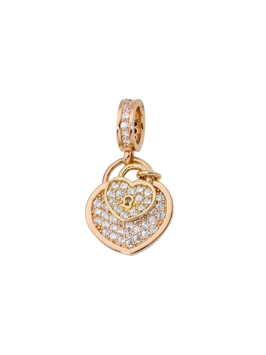 Double Heart & Lock Charm in 14K Gold