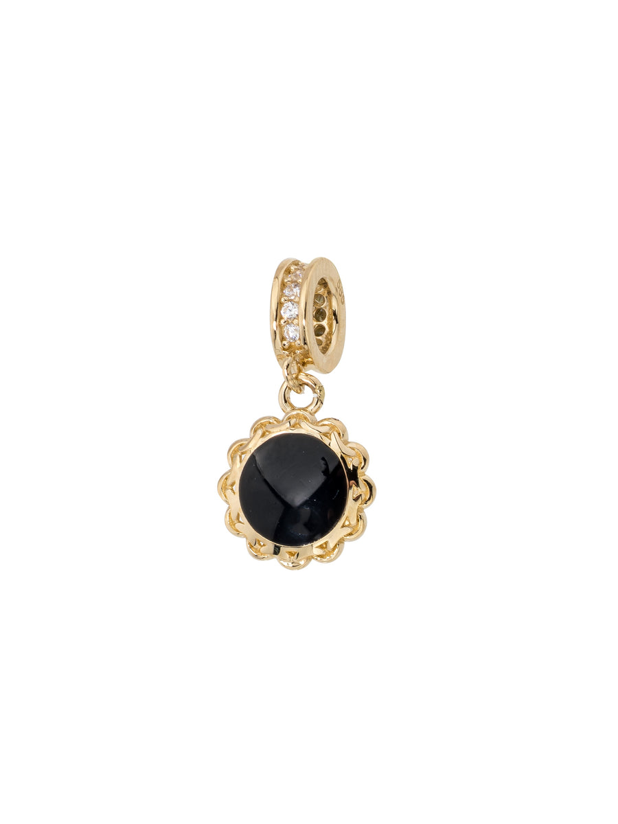 Round Black Enamel Stone Accents Charm in 14K Gold