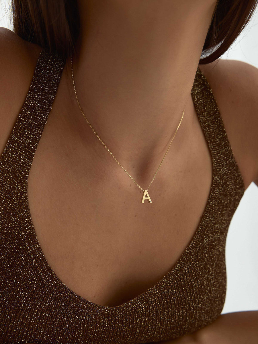 Letter A Stone Initial Necklace in 14K Gold