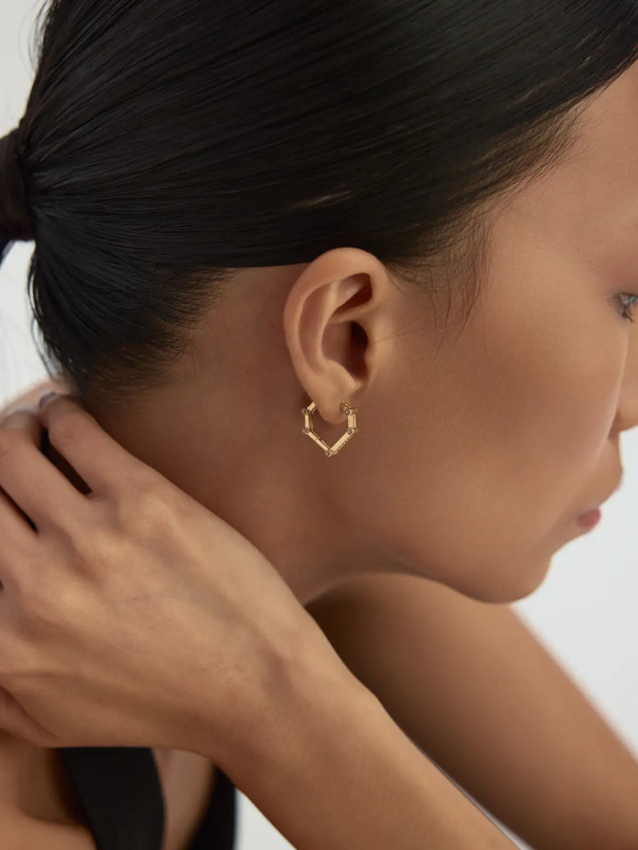 Hexagonal Form Stone Accents Hoop Earrings in 14K Gold