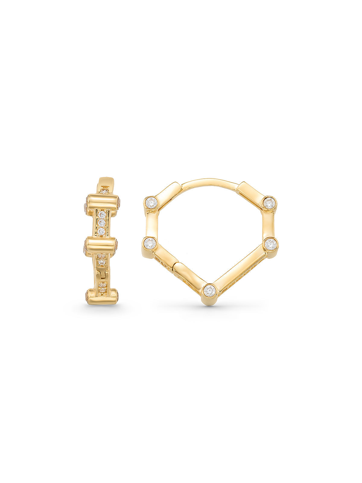 Hexagonal Form Stone Accents Hoop Earrings in 14K Gold by Elef Jewelry