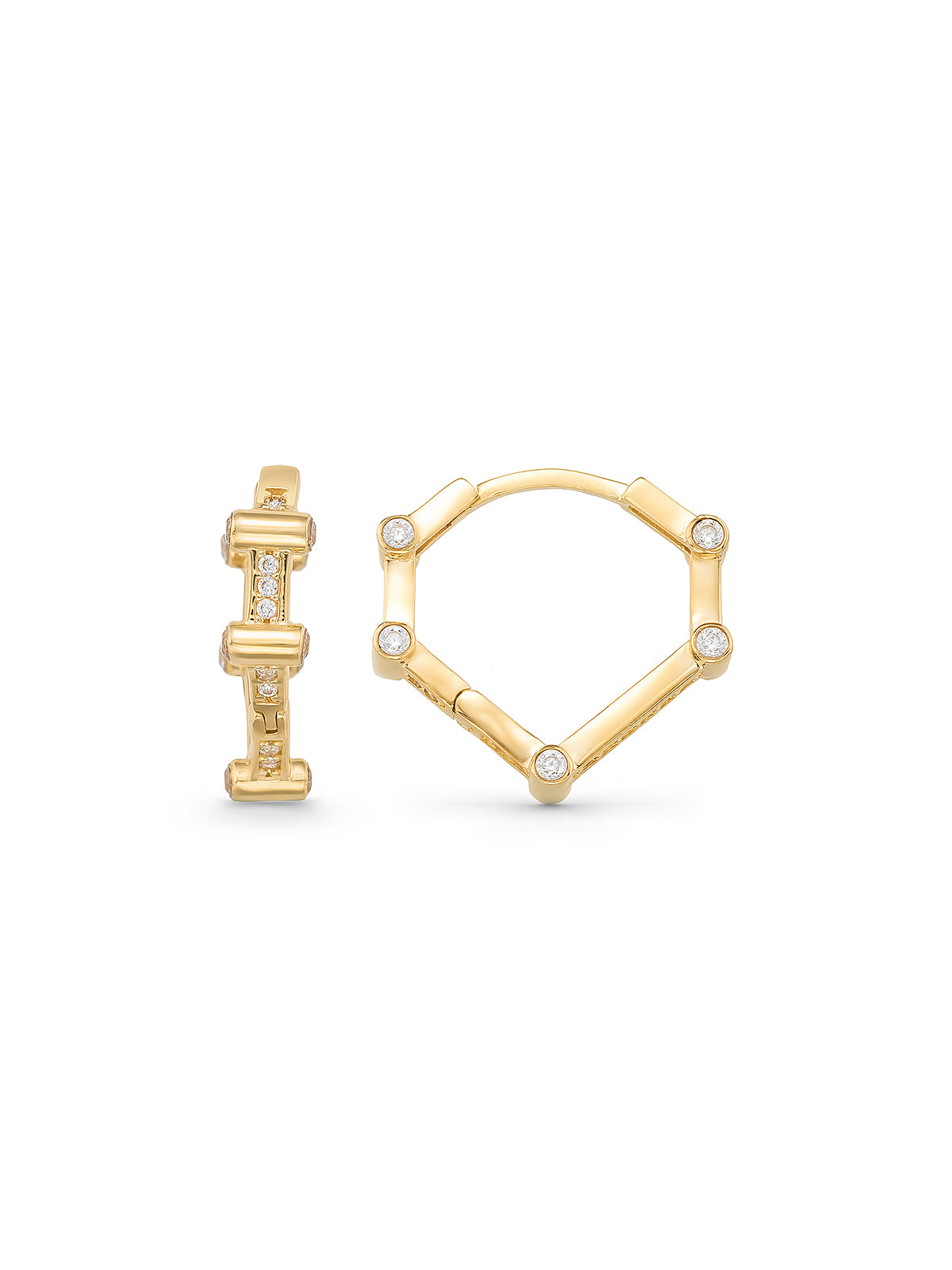 Hexagonal Form Stone Accents Hoop Earrings in 14K Gold by Elef Jewelry