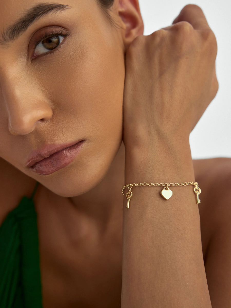 Key, Heart & Padlock Bracelet in 14K Gold