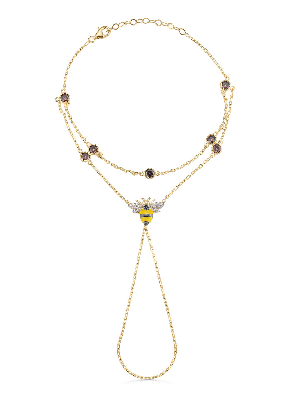 Bee Double Chain Stone Hand Chain in 14K Gold by Elef Jewelry