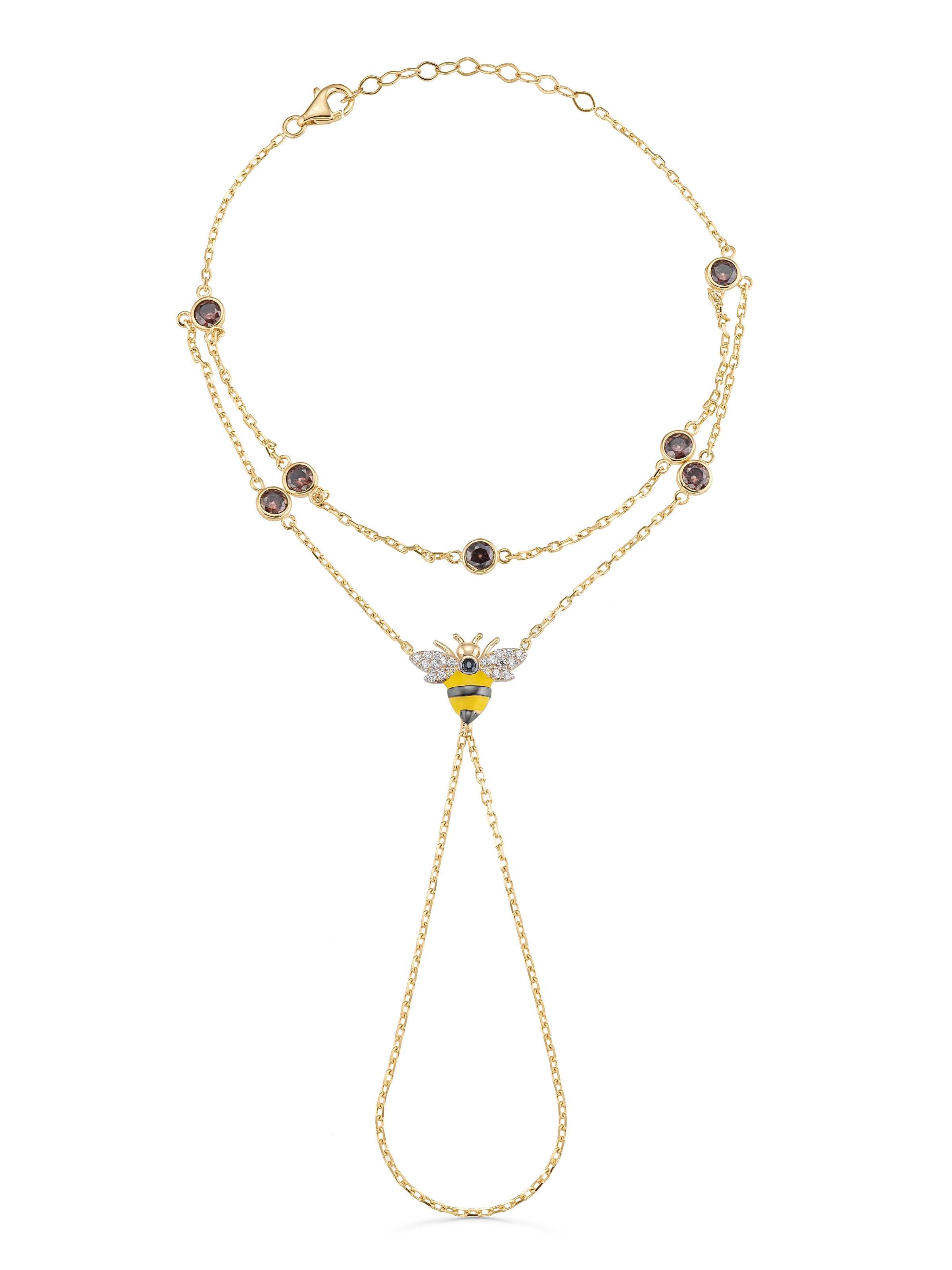 Bee Double Chain Stone Hand Chain in 14K Gold by Elef Jewelry