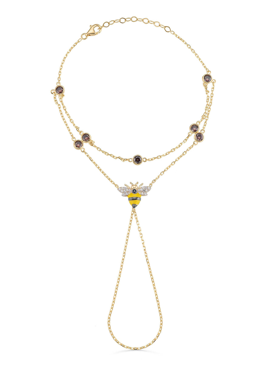 Bee Double Chain Stone Hand Chain in 14K Gold