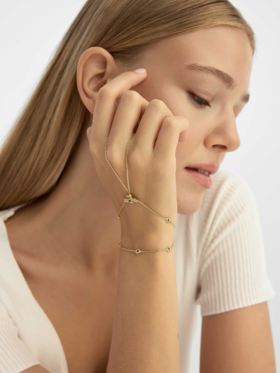 Bee Double Chain Stone Hand Chain in 14K Gold
