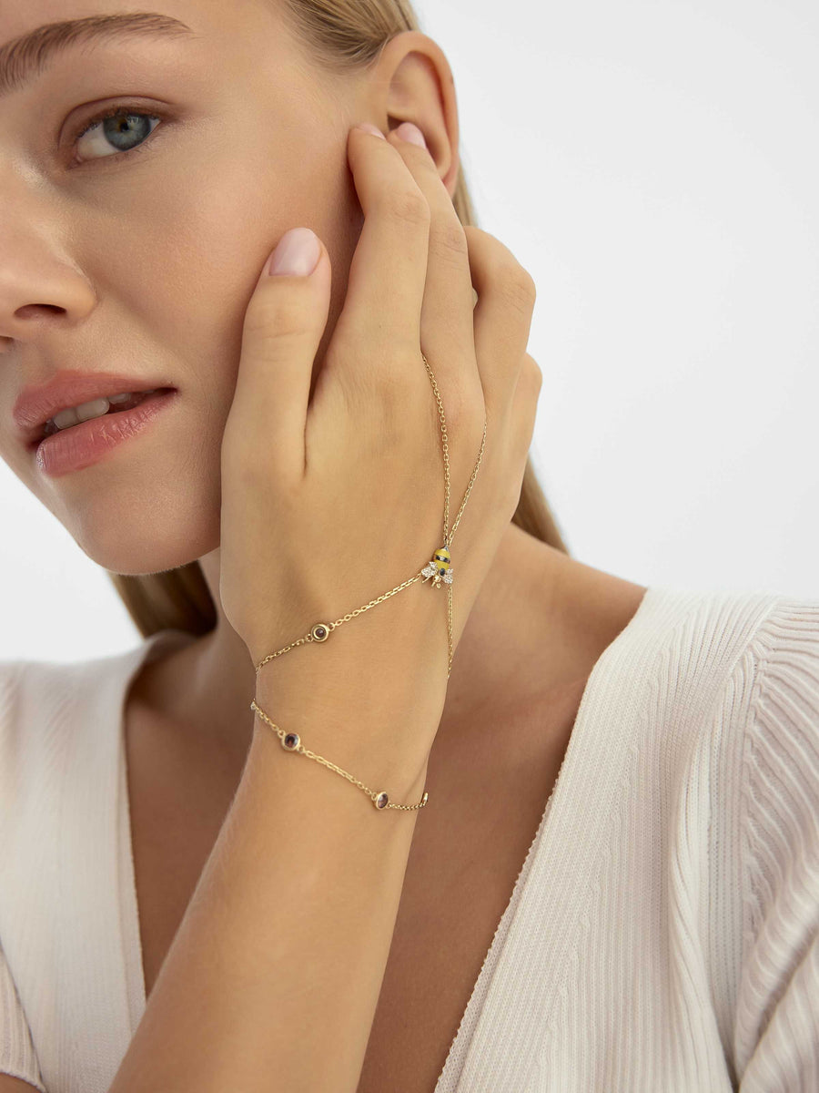 Bee Double Chain Stone Hand Chain in 14K Gold