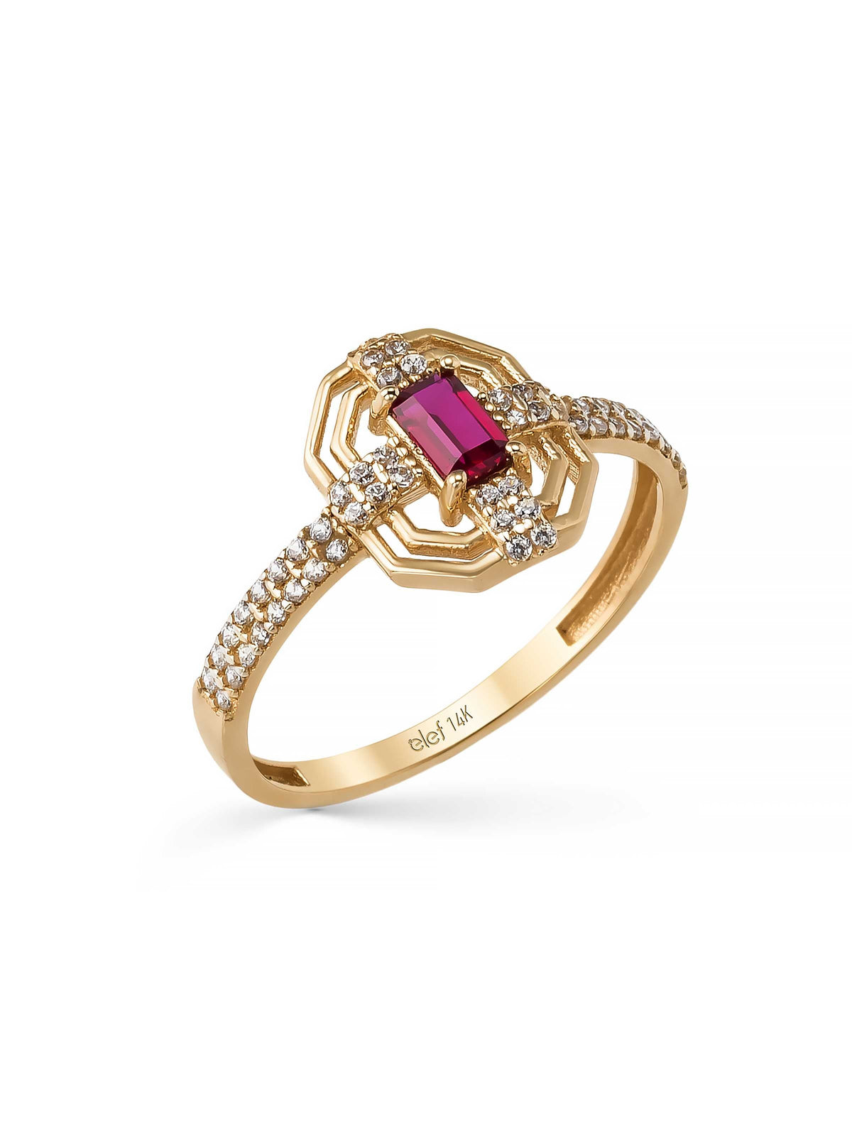 Art Deco Ruby-Inspired Stone Geometric Ring in 14K Gold by Elef Jewelry