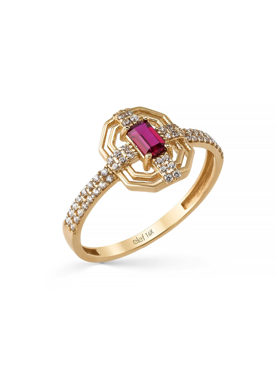 Art Deco Ruby-Inspired Stone Geometric Ring in 14K Gold