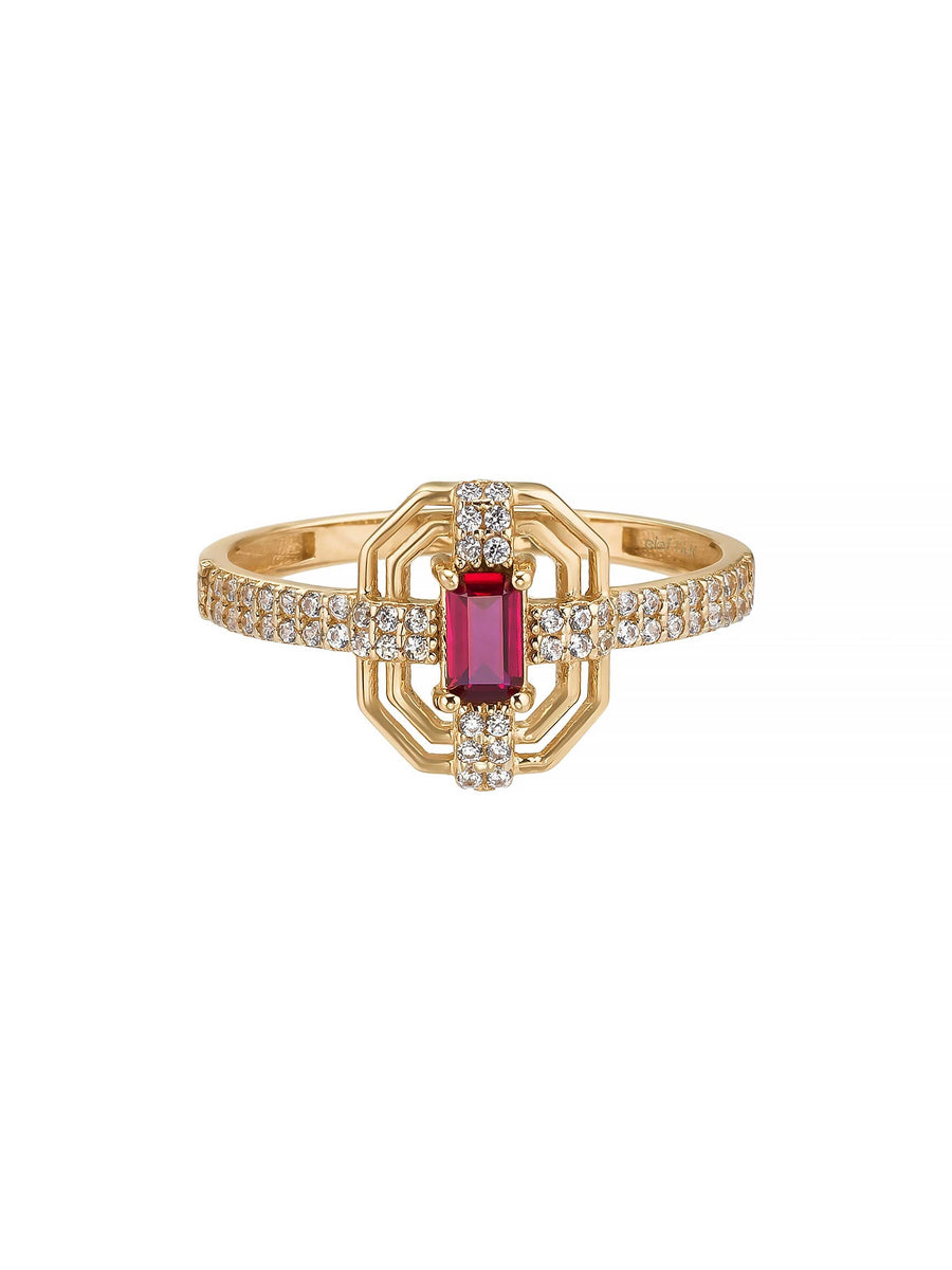 Art Deco Ruby-Inspired Stone Geometric Ring in 14K Gold