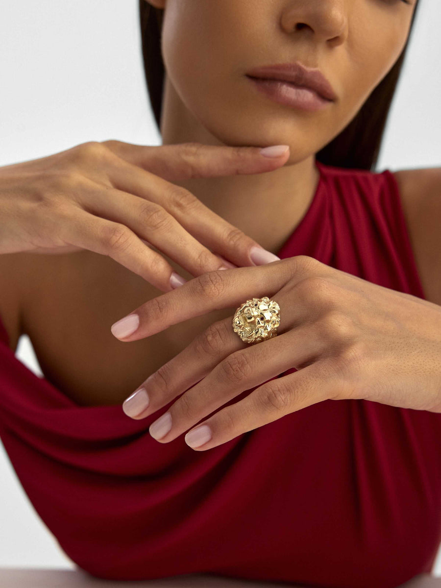 Lion Head Sculptural Form Ring in 14K Gold