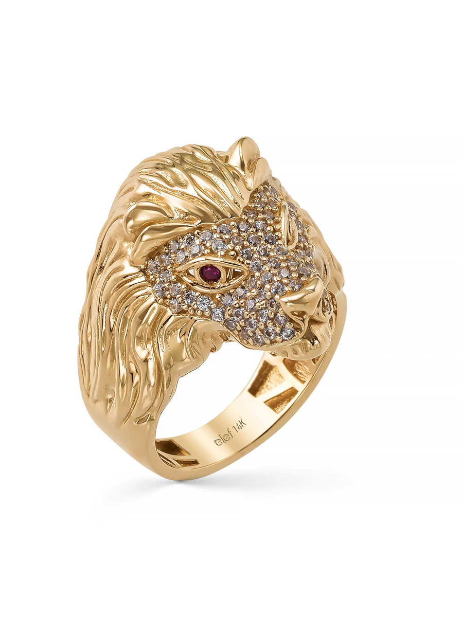 Lion Head Stone-Embellished Ring in 14K Gold