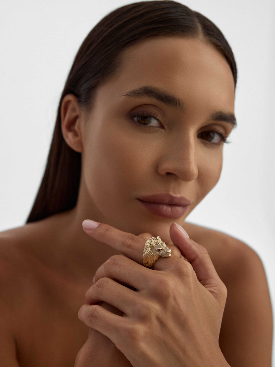 Lion Head Stone-Embellished Ring in 14K Gold