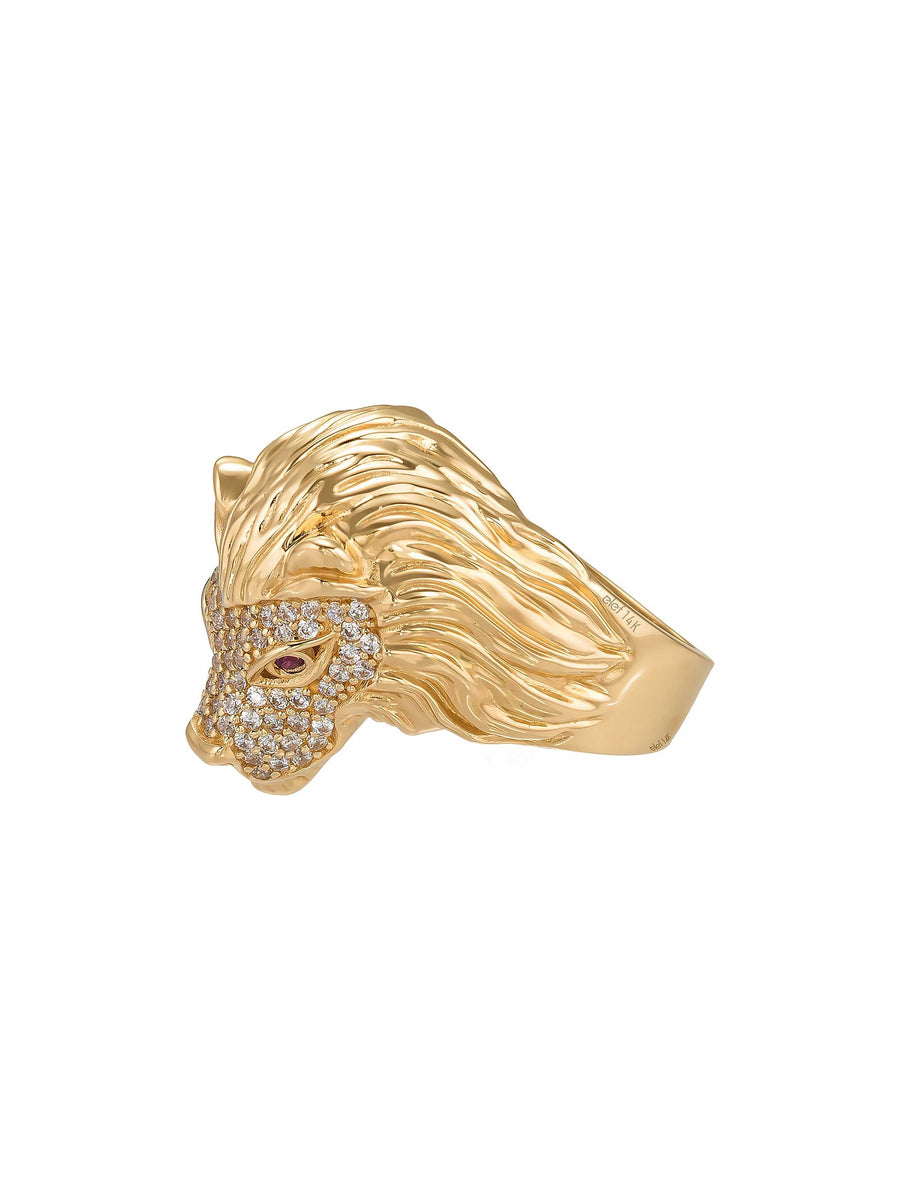 Lion Head Stone-Embellished Ring in 14K Gold
