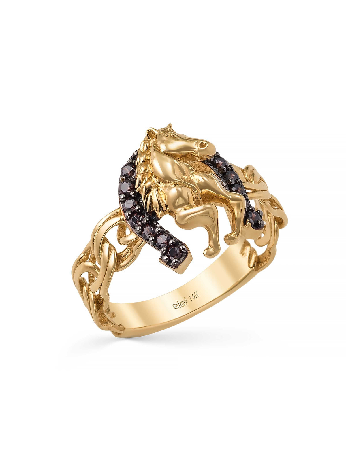Horse & Horseshoe With Stone Accents Ring in 14K Gold by Elef Jewelry