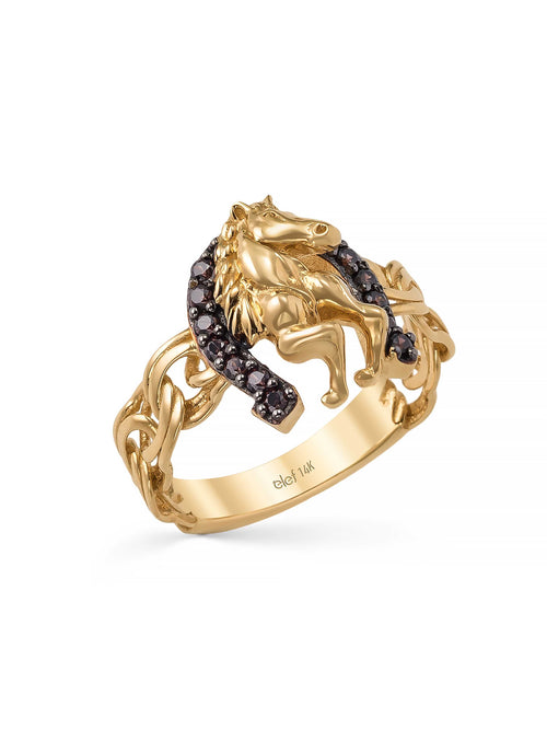 Horse & Horseshoe With Stone Accents Ring in 14K Gold by Elef Jewelry
