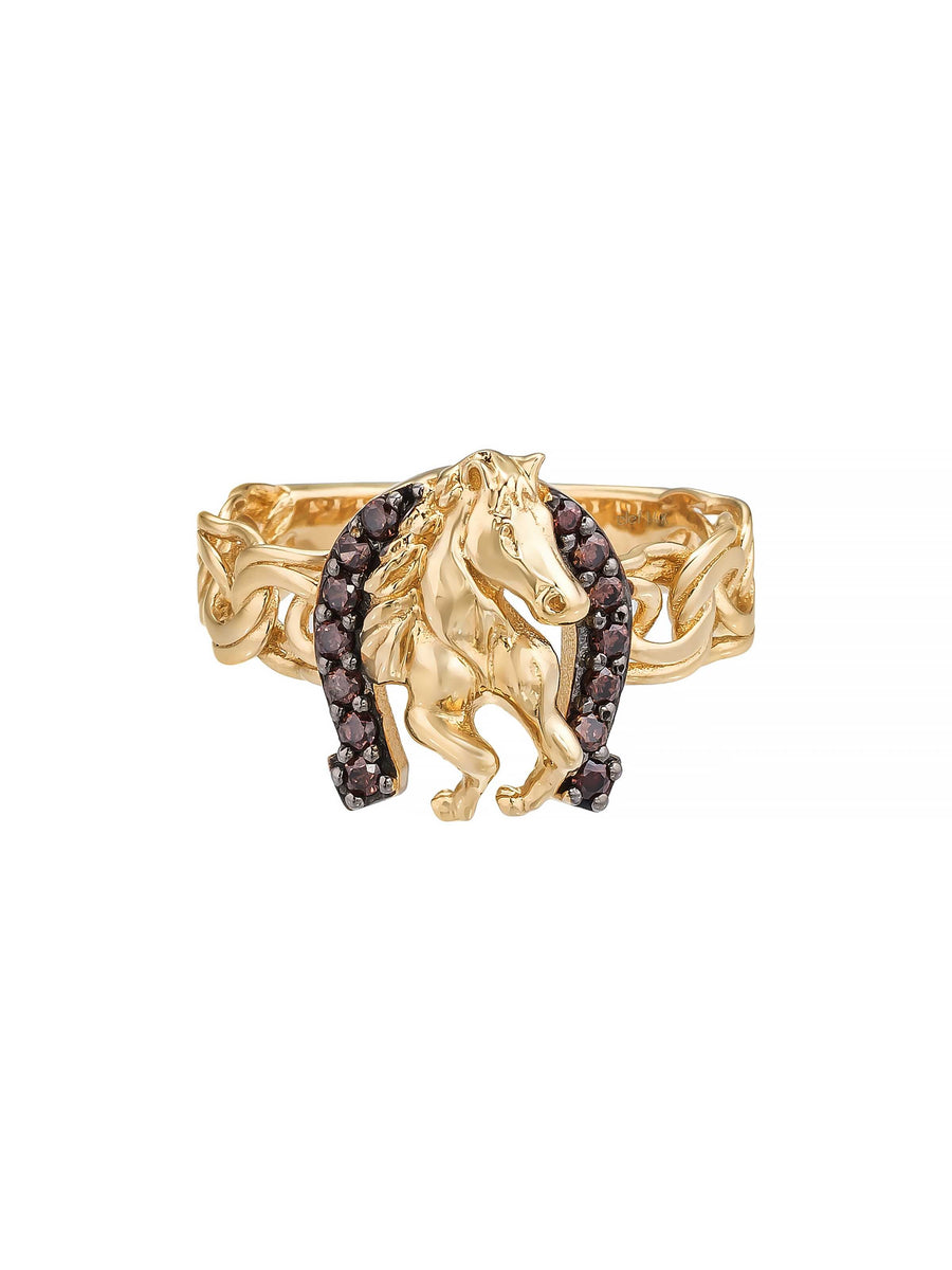 Horse & Horseshoe With Stone Accents Ring in 14K Gold