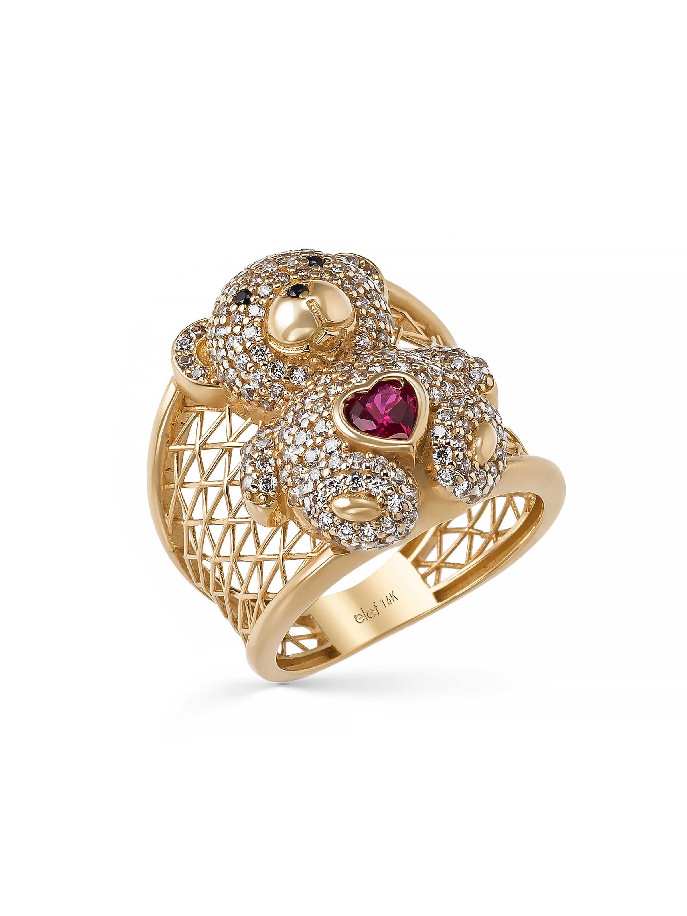 Teddy Bear Heart Stone Ring in 14K Gold by Elef Jewelry