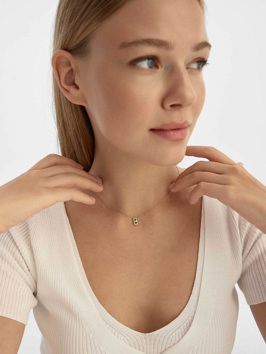 Letter B Classic Initial Necklace in 14K Gold