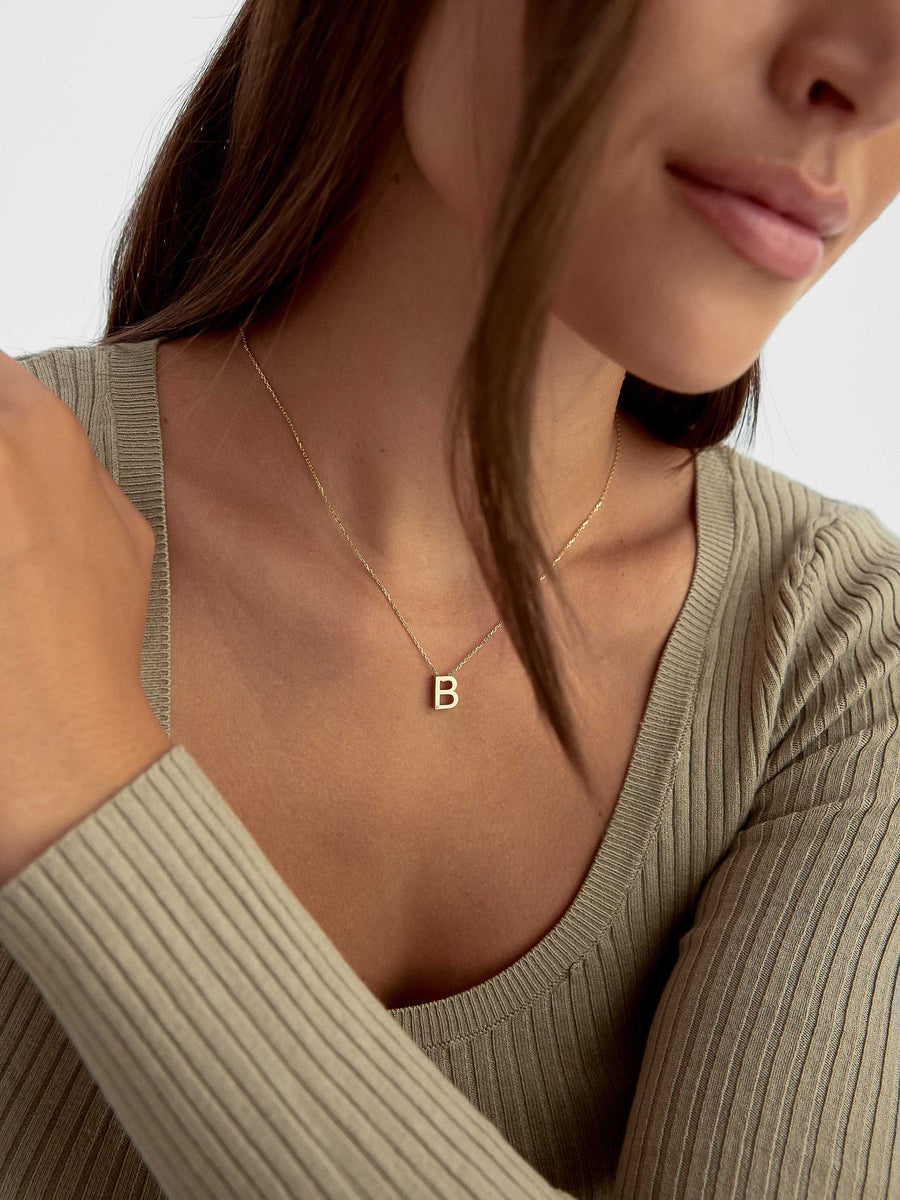 Letter B Stone Initial Necklace in 14K Gold