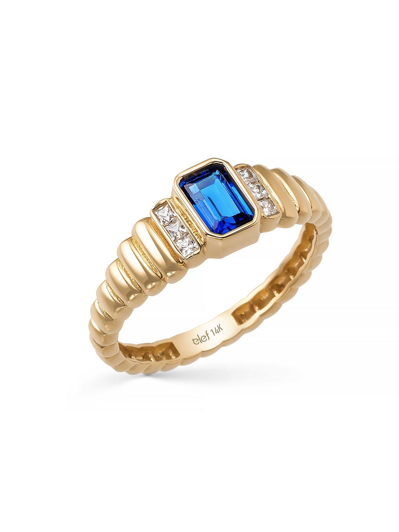 Baguette Cut Navy Blue Stone Ring in 14K Gold by Elef Jewelry
