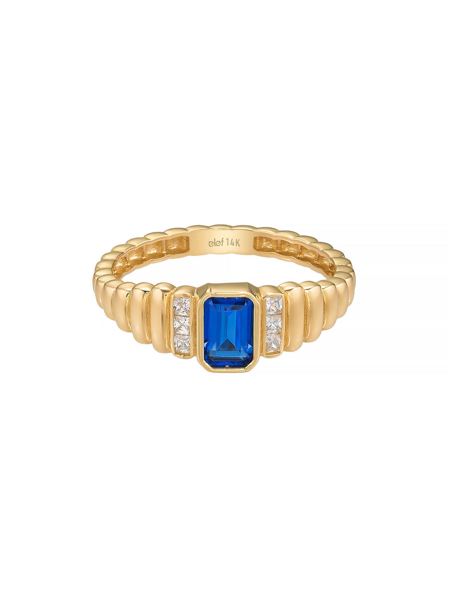 Baguette Cut Navy Blue Stone Ring in 14K Gold