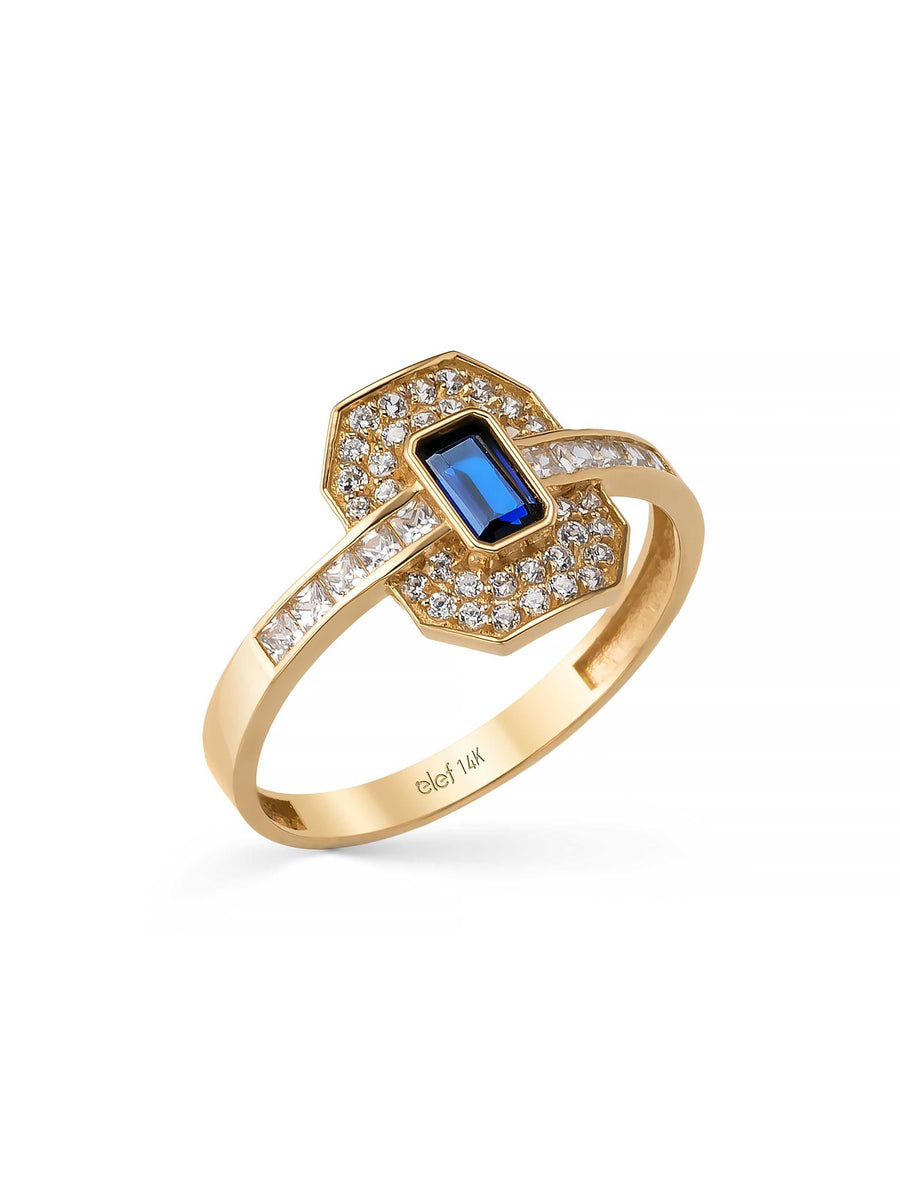 Sapphire-Inspired Baguette Stone Art Deco Ring in 14K Gold