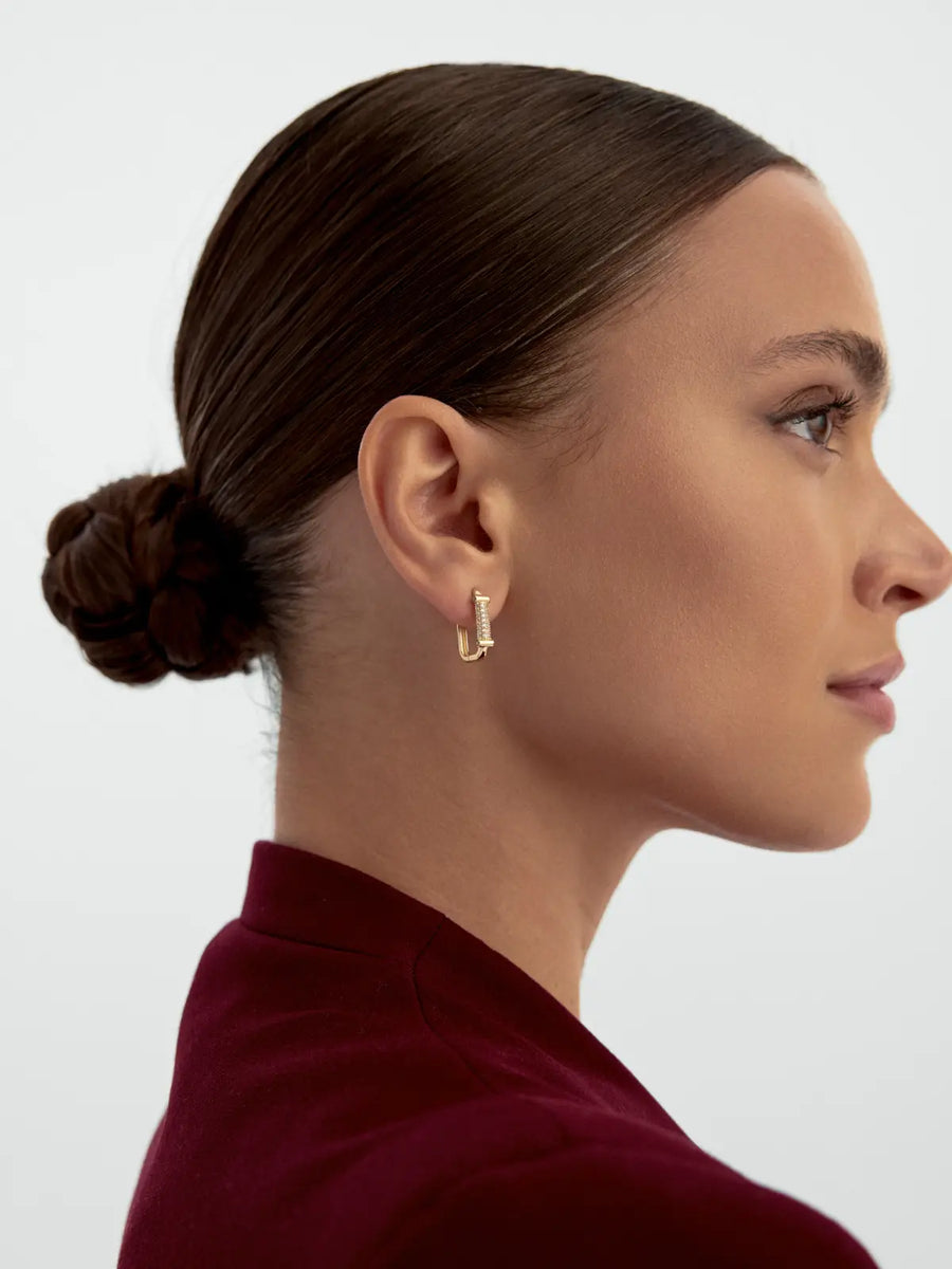 Baguette Stone Accents Rectangular Hoop Earrings in 14K Gold