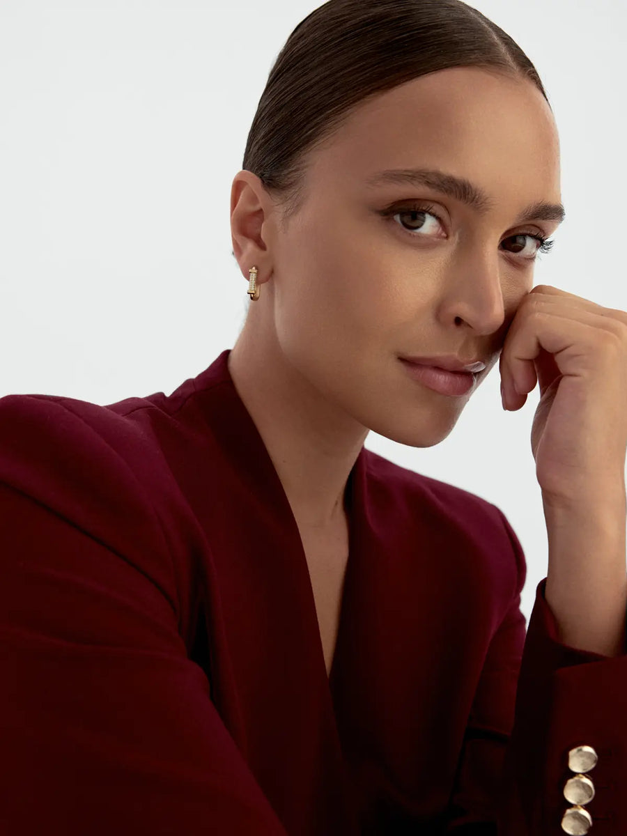 Baguette Stone Accents Rectangular Hoop Earrings in 14K Gold