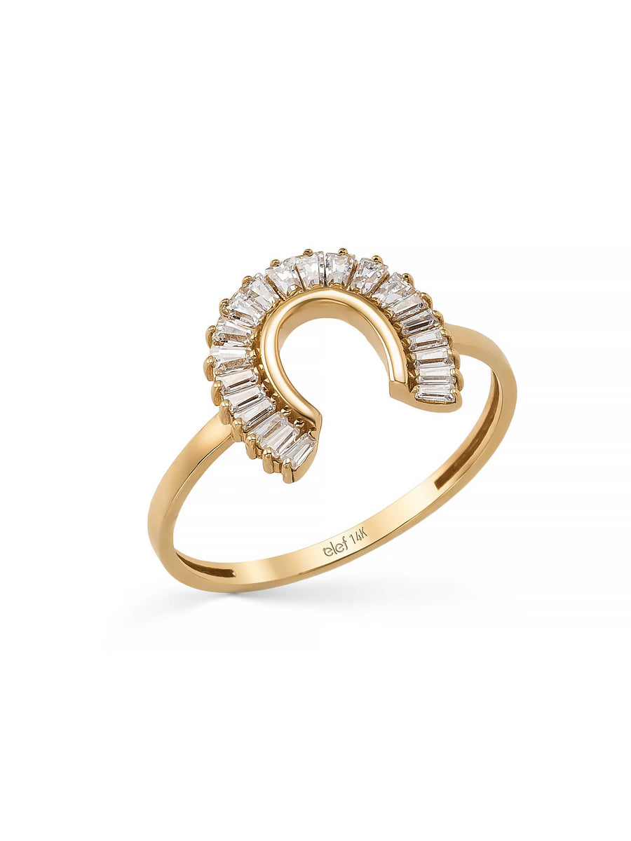 Baguette Stone Horse Horseshoe Form Ring in 14K Gold