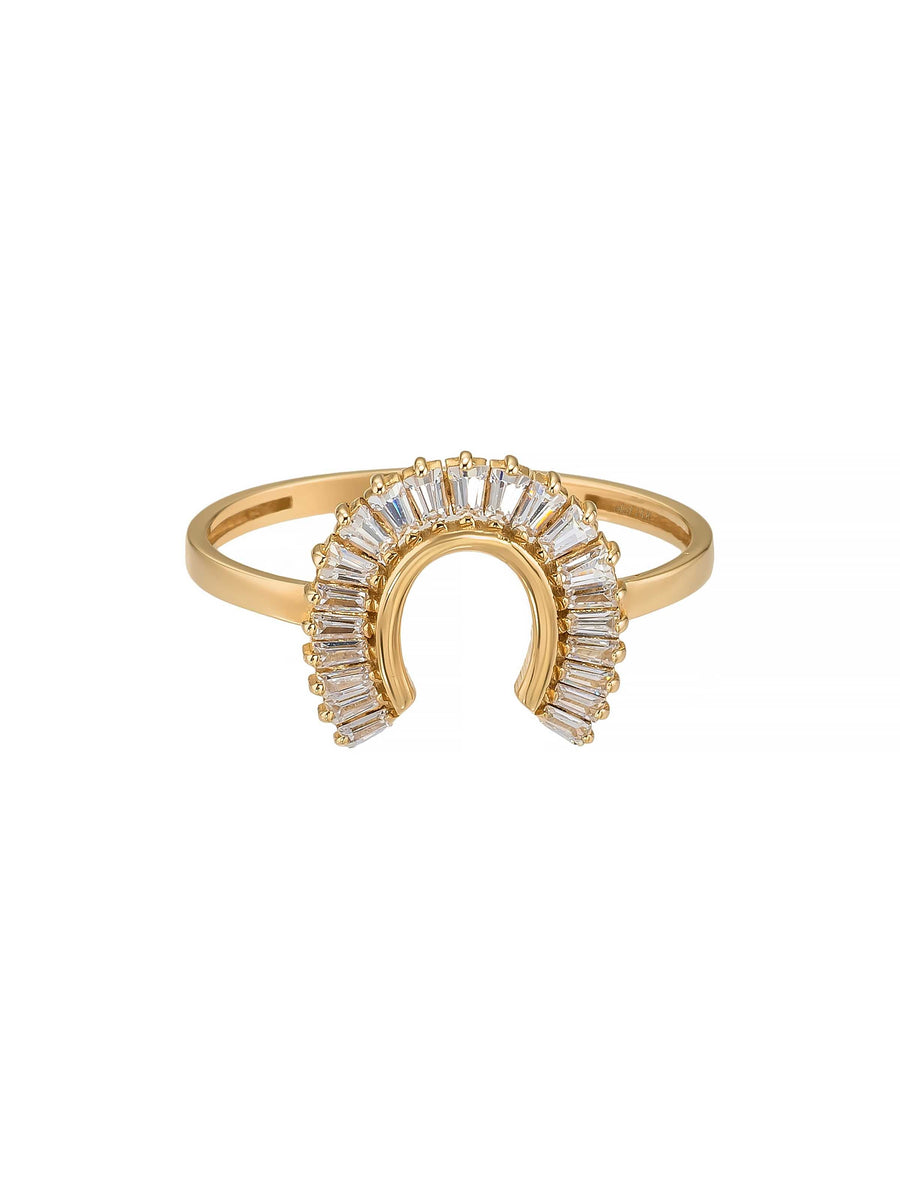Baguette Stone Horse Horseshoe Form Ring in 14K Gold