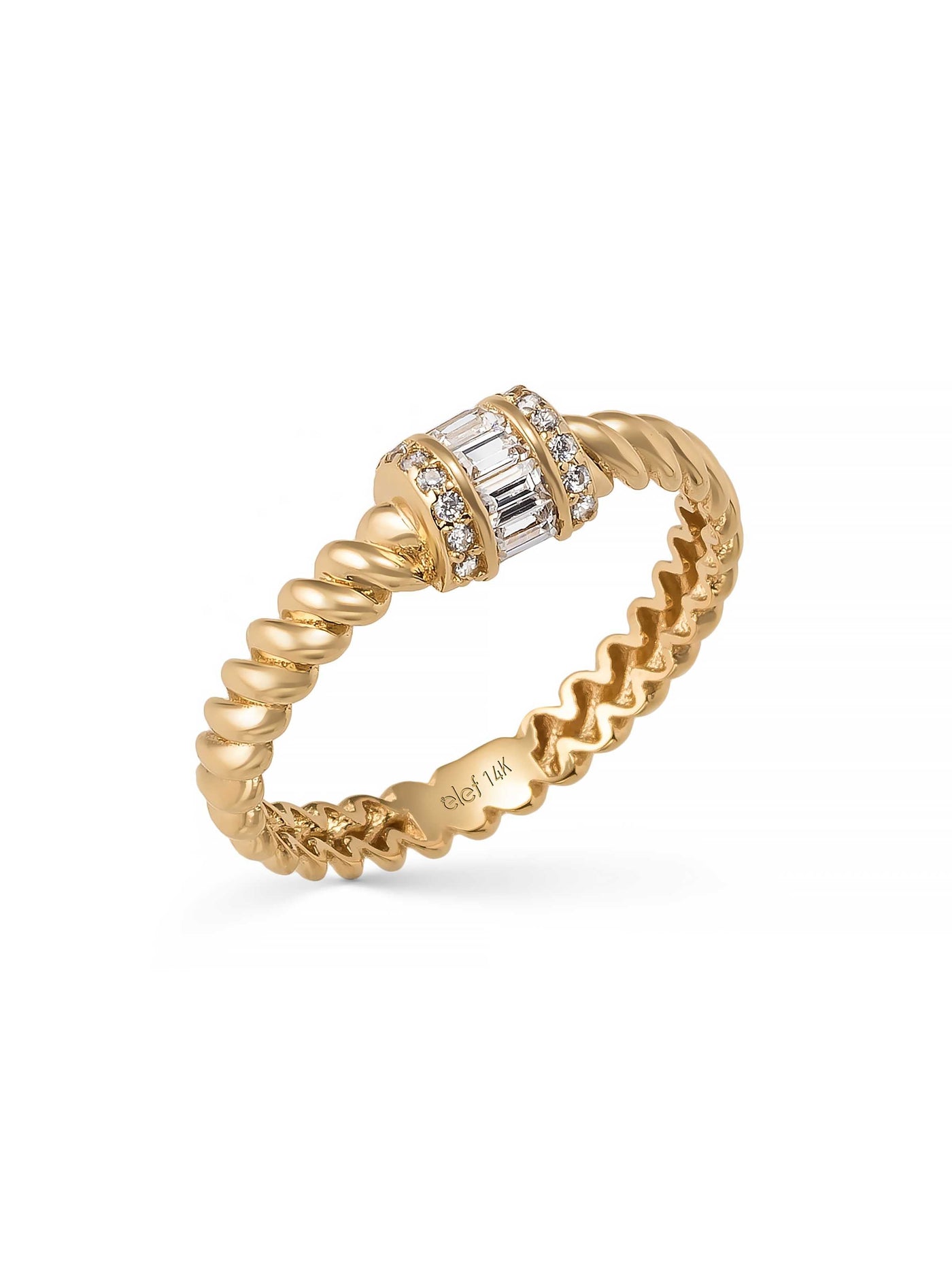 Baguette Stone Twisted Form Ring in 14K Gold by Elef Jewelry