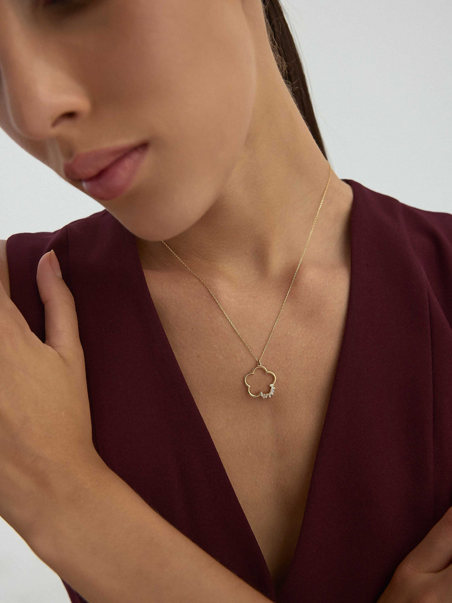 Baguette Stone Flower Form Necklace in 14K Gold