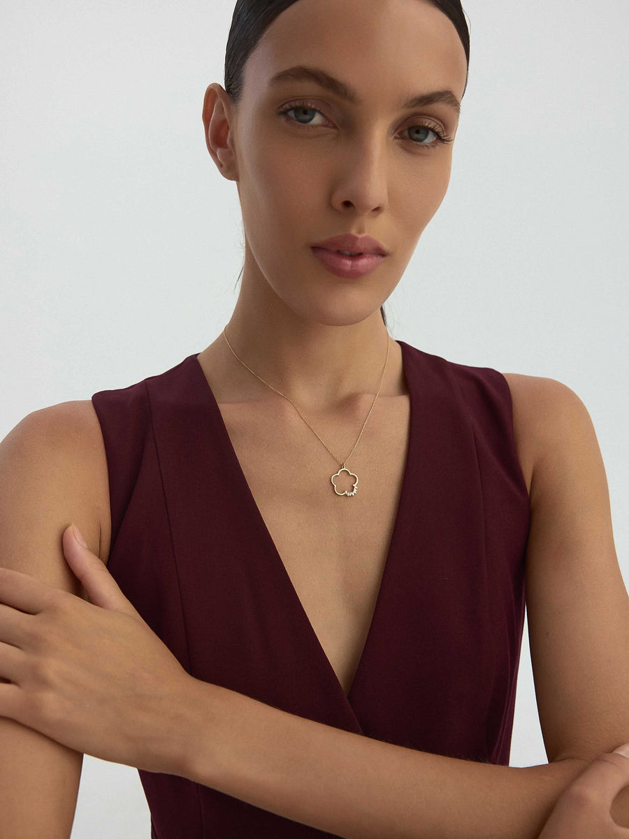 Baguette Stone Flower Form Necklace in 14K Gold