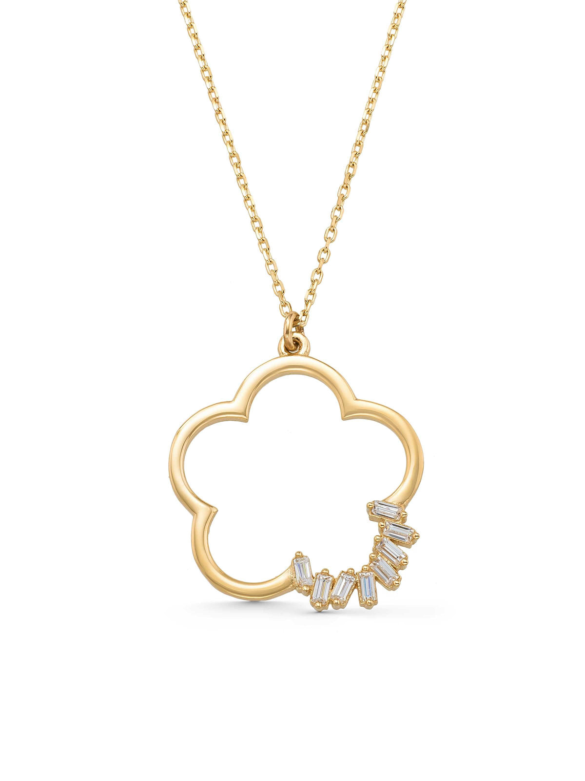 Baguette Stone Flower Form Necklace in 14K Gold by Elef Jewelry