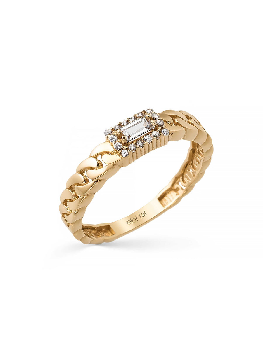 Baguette Stone Gourmette Chain Ring in 14K Gold