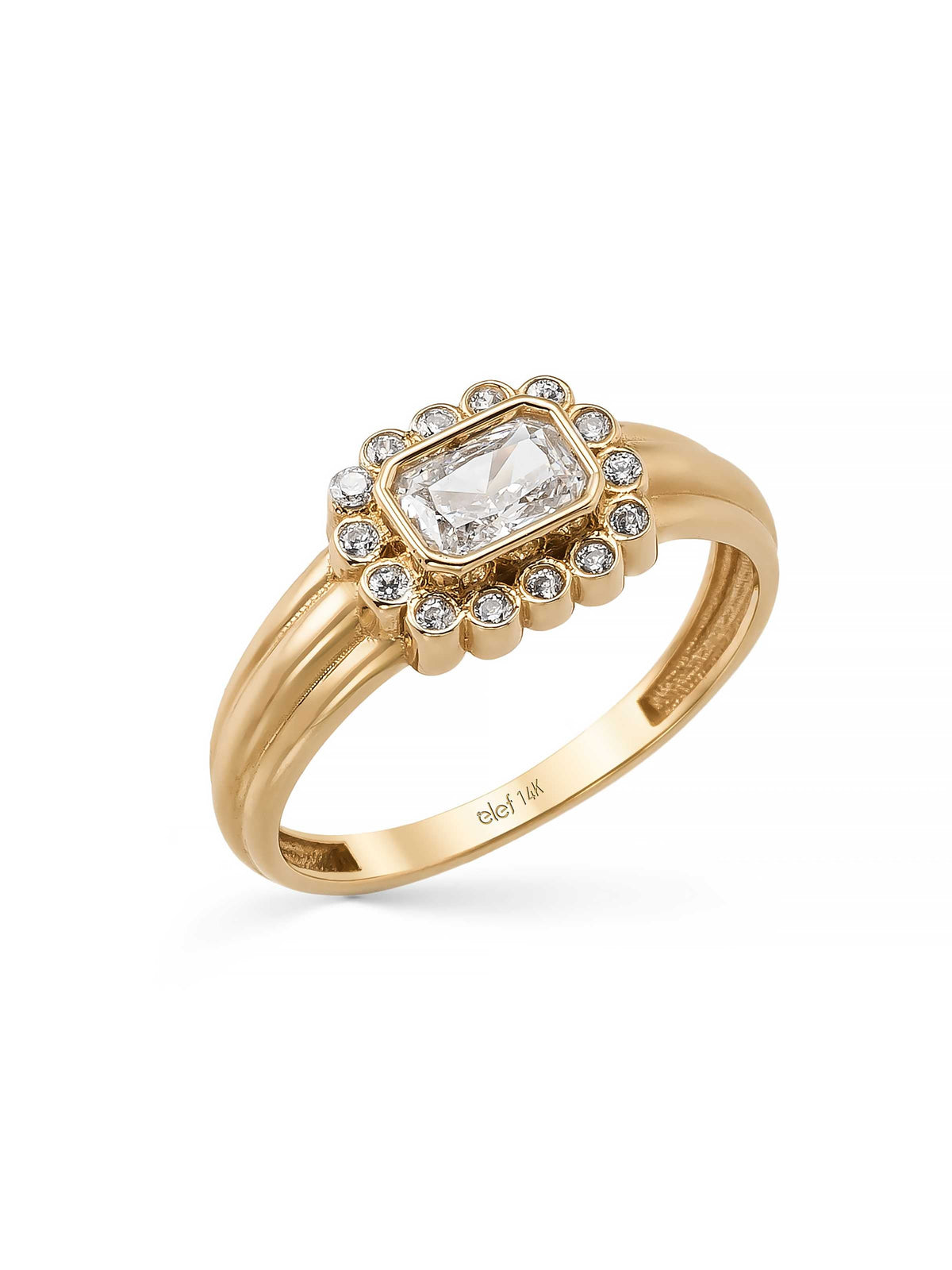 Baguette Stone Halo Ring in 14K Gold by Elef Jewelry