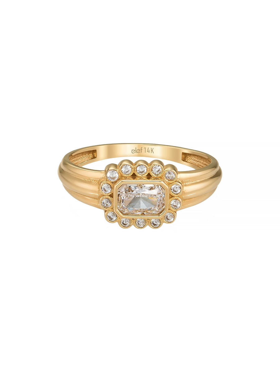 Baguette Stone Halo Ring in 14K Gold