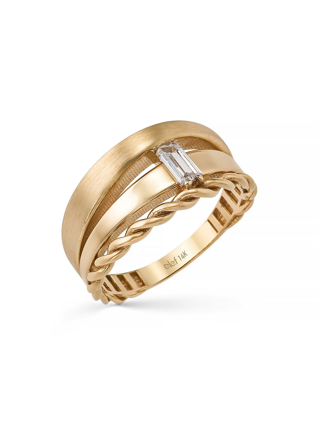 Baguette Stone Braided Accents Ring in 14K Gold by Elef Jewelry