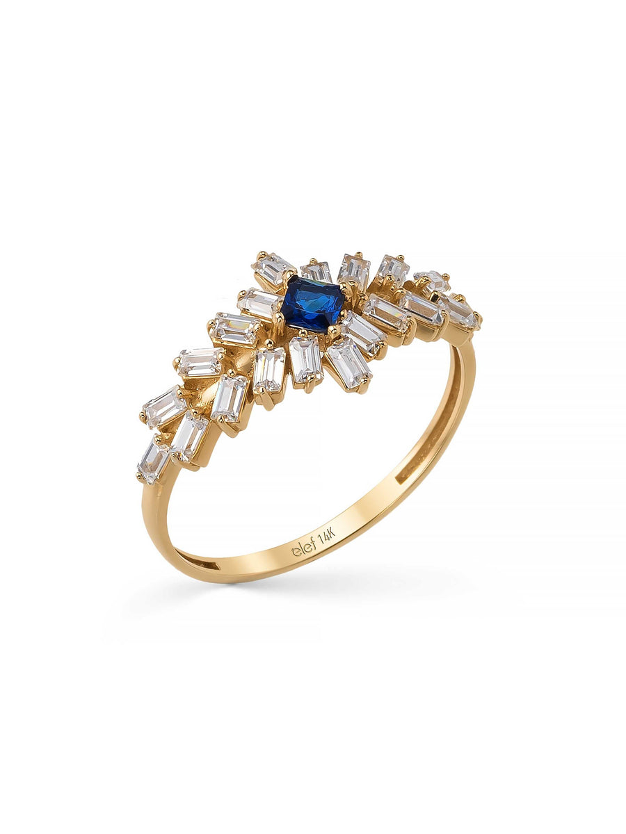 Baguette & Prenses Cut Sapphire-Inspired Stone Art Deco Ring in 14K Gold