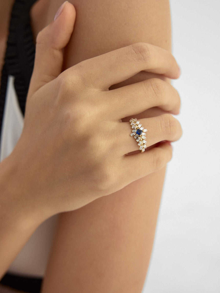 Baguette & Prenses Cut Sapphire-Inspired Stone Art Deco Ring in 14K Gold